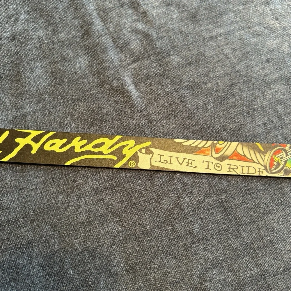 Ed Hardy black leather belt with colorful graffiti-style graphics Size 36 Waist